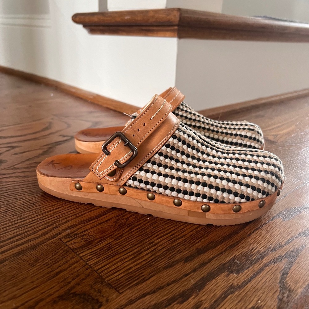Kalso Earth Shoe Shanti Woven Slingback Clogs Black Multi Studded Wood Sole 8